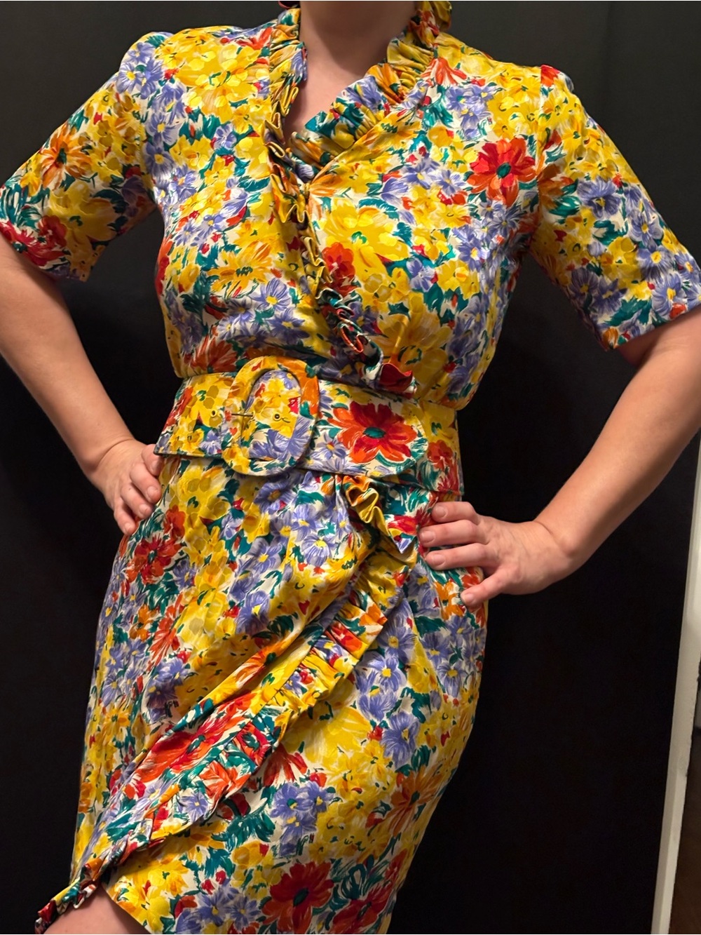Oscar de la Renta Vintage Silk Floral Ruffle Wrap Dress